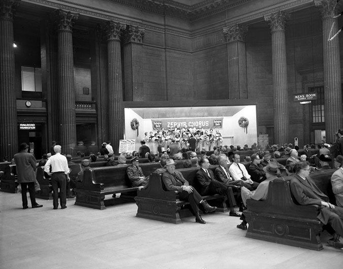 The Zephyr women’s chorus performing at the Chicago Union Station in 1964