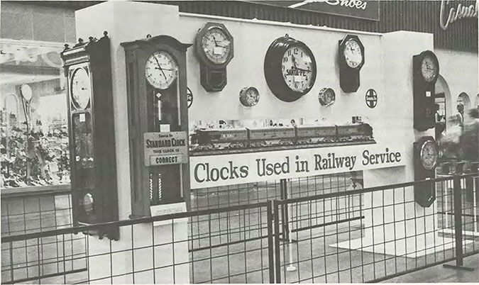 For National Transportation Week in 1970, a railroad timepiece exhibit was displayed at the White Lakes Mall in Topeka, Kansas, by the Santa Fe Time Service Department. For National Transportation Week in 1970, a railroad timepiece exhibit was displayed at the White Lakes Mall in Topeka, Kansas, by the Santa Fe Time Service Department.