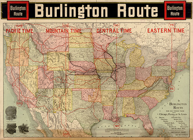 Burlington Route system map circa 1892. Burlington lines are black; connecting railroads are red.