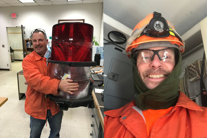 Fisher holding a tower light beacon, the top light on a telecom tower