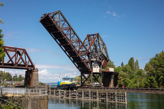 Salmon Bay bridge lifted to let a vessel pass. Salmon Bay bridge lifted to let a vessel pass.